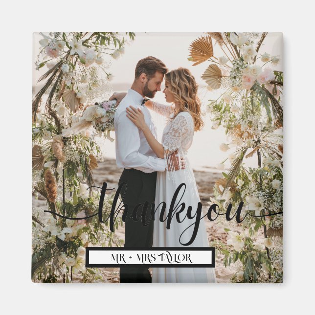 Modern Script Thank You Wedding Photo Favour Magnet (Front)