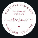 Modern Script The Future Return Address Wedding Classic Round Sticker<br><div class="desc">Simple, elegant round wedding or engagement return address labels in deep burgundy red featuring the text "The Future Mrs and Mr", the couples' return address in a stylish serif font, the family name in a modern calligraphy typeface with swirls and a small heart symbol. Easily add your name and address,...</div>