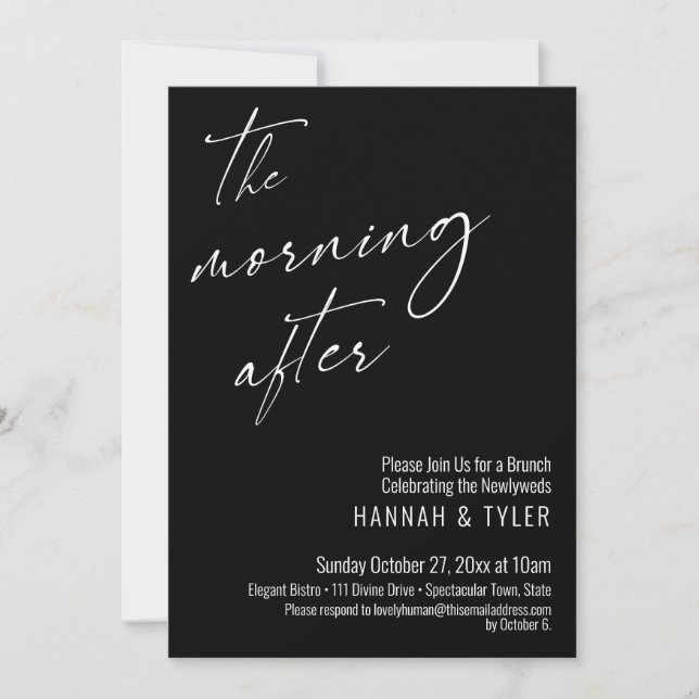 Modern Script The Morning After Brunch Black Invitation (Front)