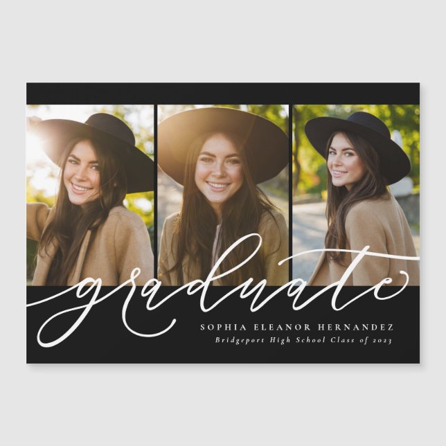 Modern script three photo graduation announcement (Front)