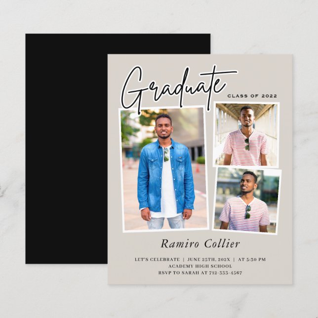 Modern Script Three Photo Graduation Invitation (Front/Back)