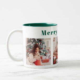 Modern Script Three Photo Green Merry & Bright  Two-Tone Coffee Mug