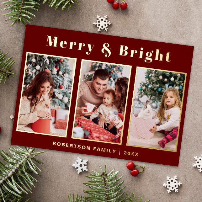 Modern Script Three Photo Red Merry & Bright (Creator Uploaded)