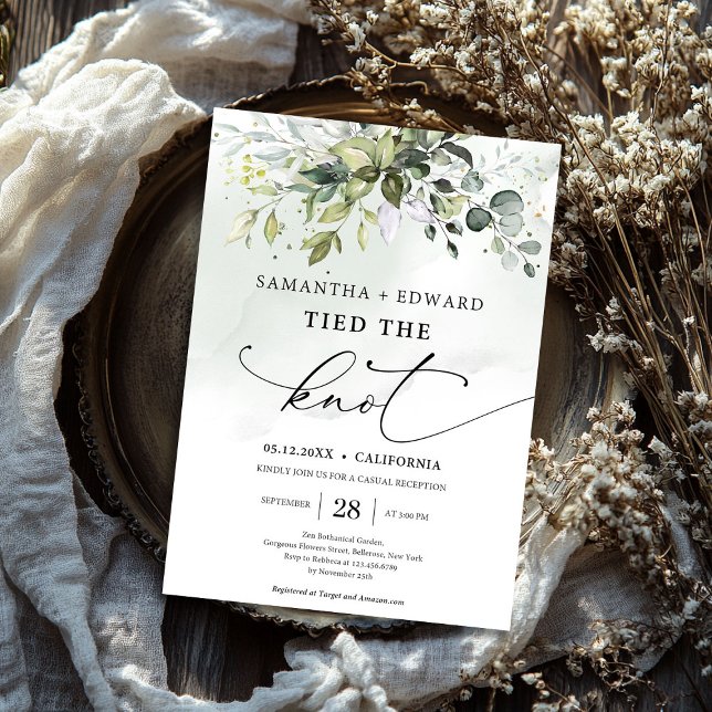 Modern script tied the knot greenery elopement invitation (Modern script tied the knot greenery elopement)