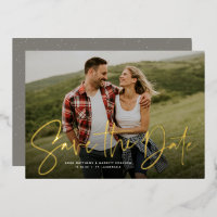 Modern script trendy one photo save the date foil 