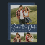 Modern script trendy three photo navy save the date<br><div class="desc">With a three photos and a modern script written "save the date" in white on a navy blue background, this card is the perfect way to announce your engagement and upcoming wedding to friends and family. The white text is bold and modern but still sophisticated. The customisable text on the...</div>