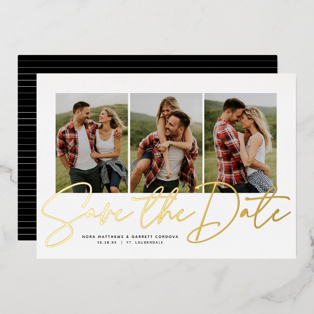 Modern script trendy three photo save the date (Front/Back)