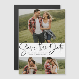 Modern script trendy three photo save the date magnetic invitation