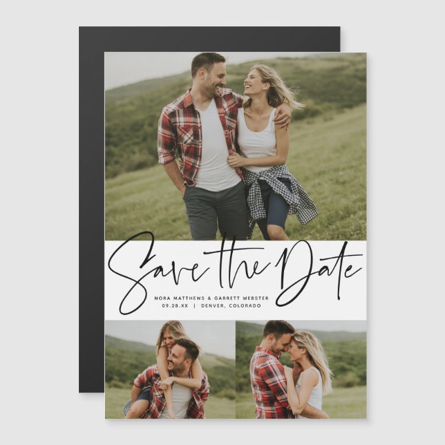 Modern script trendy three photo save the date magnetic invitation (Front/Back)