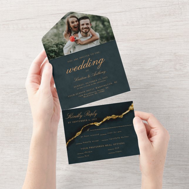 Modern Script Turquoise Agate Wedding All in One Invitation (Tearaway)