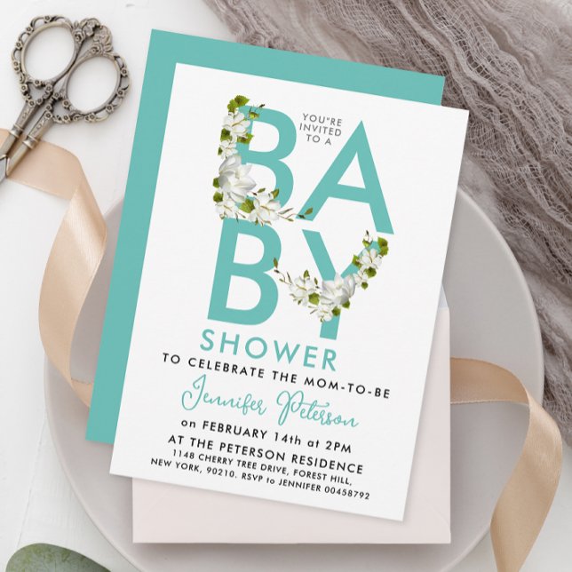 Modern Script Turquoise Baby Shower Floral Invitation (Creator Uploaded)