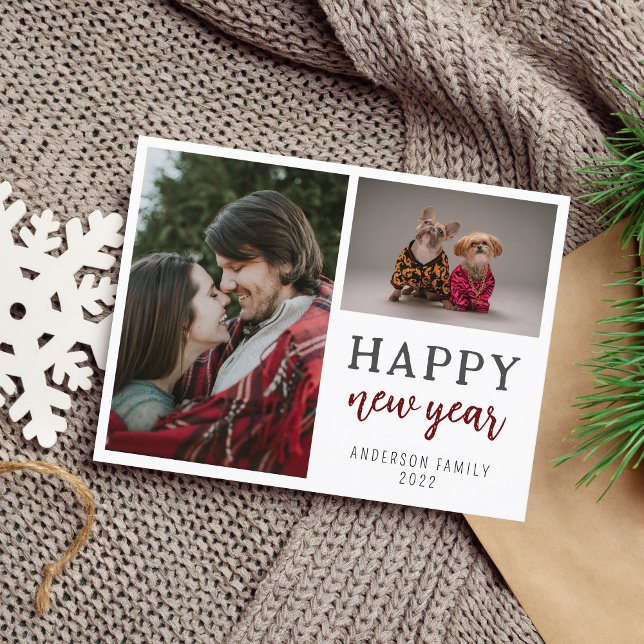 Modern Script Two Photo Family Happy New Year Postcard (Creator Uploaded)