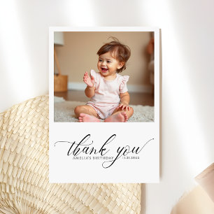  Modern Script Typography 1st Birthday Photo Thank You Card