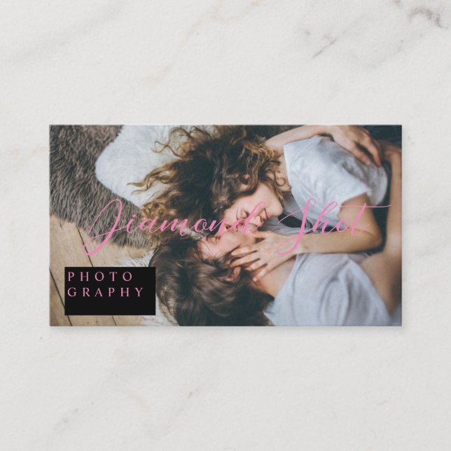 Modern Script typography Black and Pink Photo Business Card (Front)