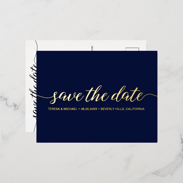 Modern Script Typography Blue Gold Wedding Foil Invitation Postcard (Front/Back)