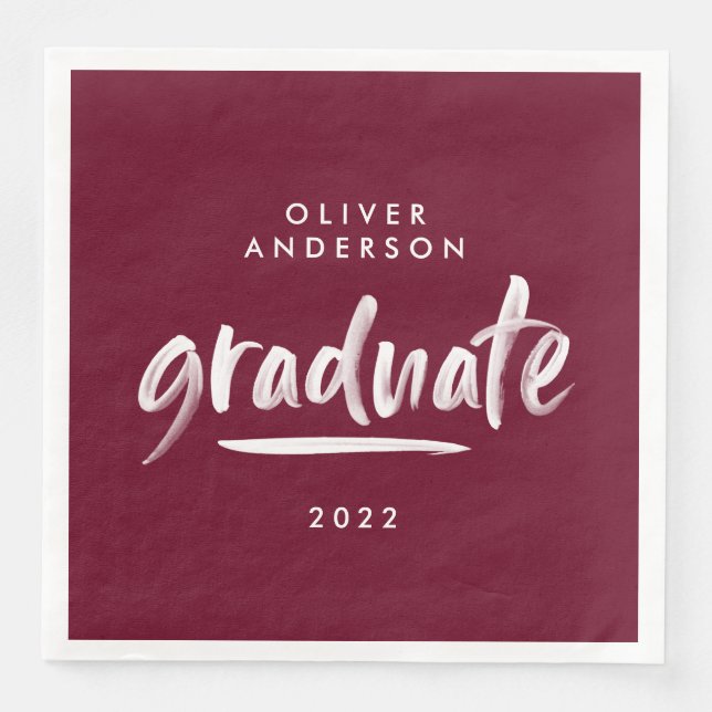 Modern script typography burgundy graduation party napkin (Front)