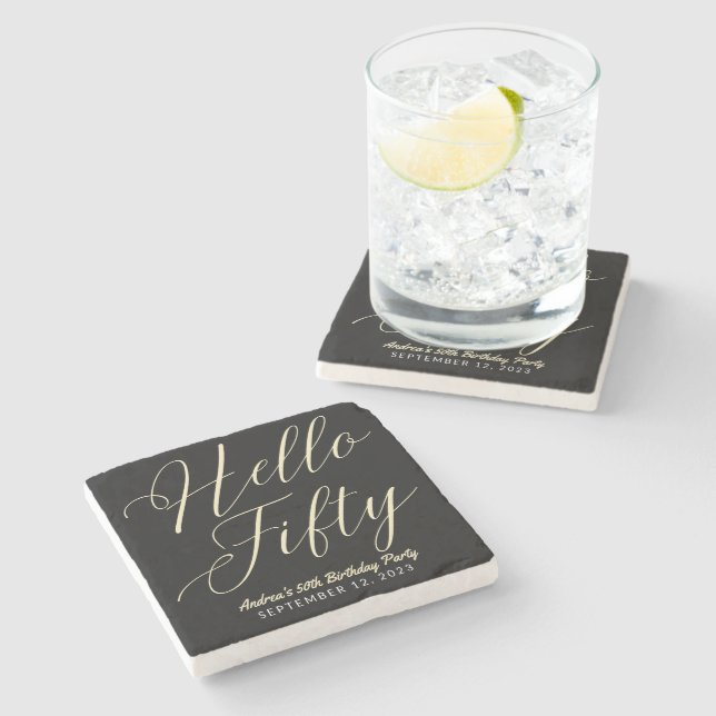 Modern Script Typography Hello Fifty Black Gold Stone Coaster (Side)