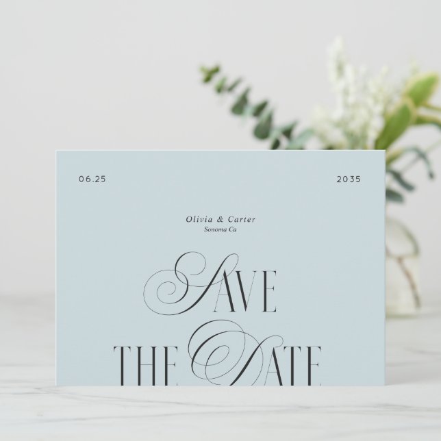 Modern Script Typography Photo Dusty Blue Save The Date (Standing Front)