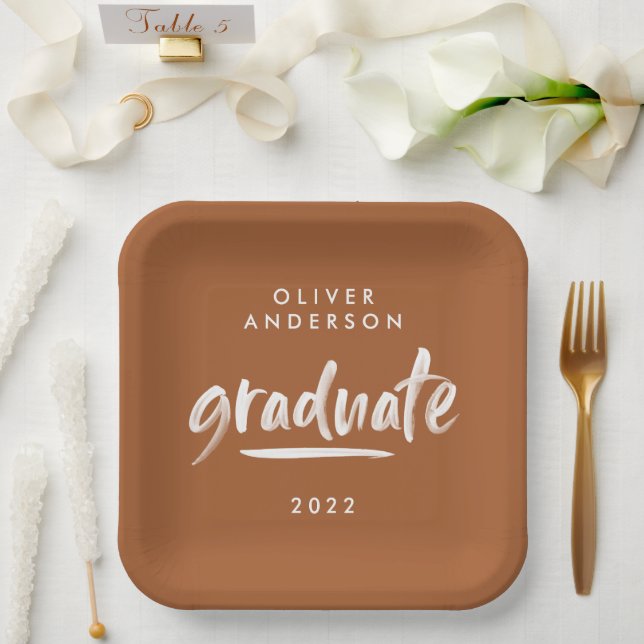 Modern script typography terracotta graduation paper plate (Wedding)