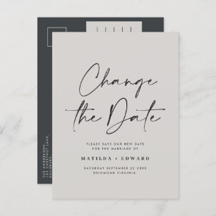 Modern script typography wedding change the date announcement postcard