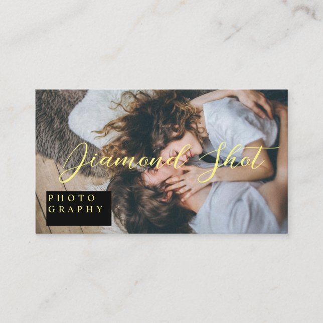 Modern Script typography Yellow and Black Photo Business Card (Front)