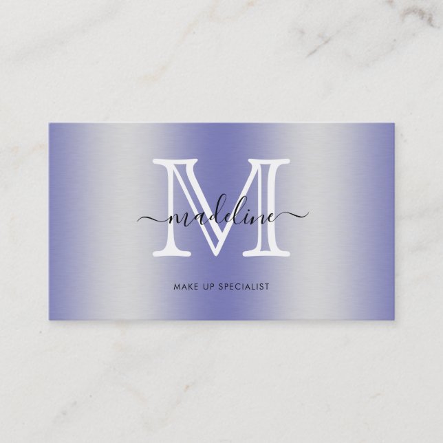Modern Script Very Peri Brushed Metal Monogram Business Card (Front)