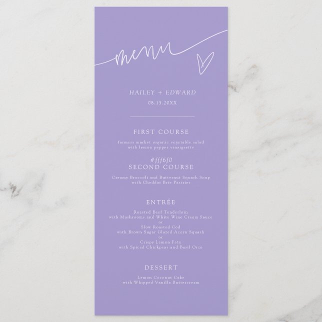 Modern Script Violet Wedding Menu (Front)