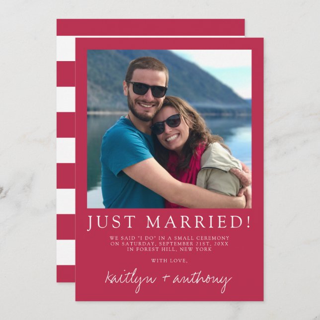 Modern Script Viva Magenta Minimalistic Wedding Announcement (Front/Back)