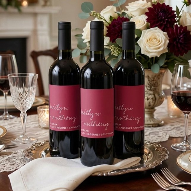 Modern Script Viva Magenta Minimalistic Wedding Wine Label (Creator Uploaded)