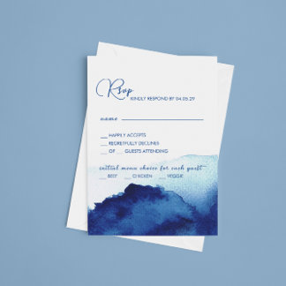 Modern Script Watercolor Indigo Blue Wedding RSVP Card