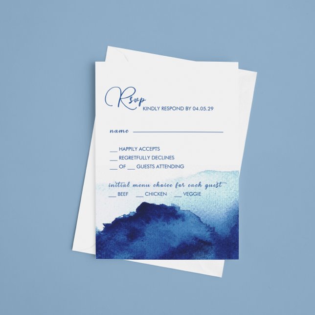 Modern Script Watercolor Indigo Blue Wedding RSVP Card (Creator Uploaded)