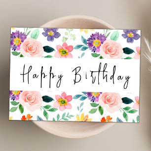 Modern Script Watercolor Wildflower Happy Birthday Card