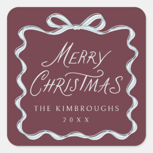 Modern Script Wavy Bow Merry Christmas Square Sticker