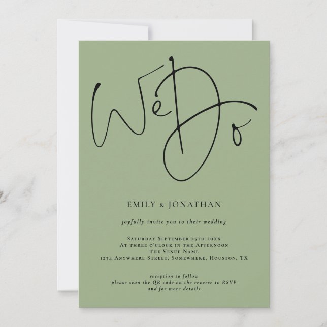 Modern Script We Do Sage Green QR Code Wedding Invitation (Front)