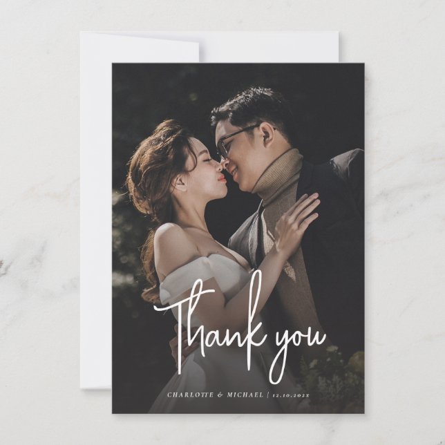 Modern Script Wedding Day Couples Photo Thank You Card (Front)
