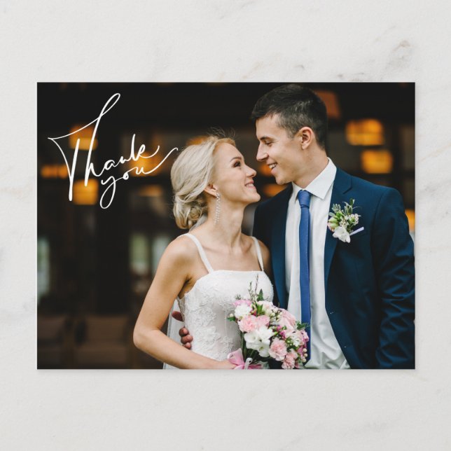 Modern Script Wedding Day Photo Thank You Card (Front)