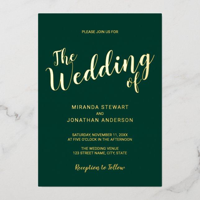Modern Script Wedding Emerald and Gold (Front)