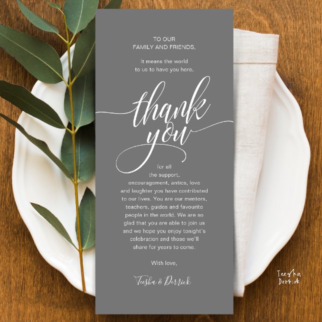 Modern Script Wedding Guest Dinner Thank You Card (Modern Script Wedding Guest Dinner Reception Brunch Lunch Thank You Card in Classy Warm Dark Grey)