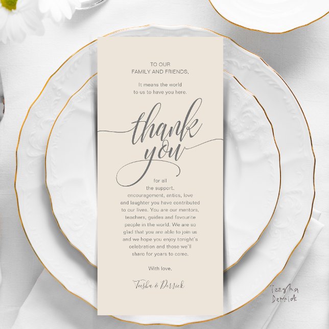 Modern Script Wedding Guest Dinner Thank You Card (Modern Script Wedding Guest Dinner Reception Brunch Lunch Thank You Card in Classy Warm Cream Grey)