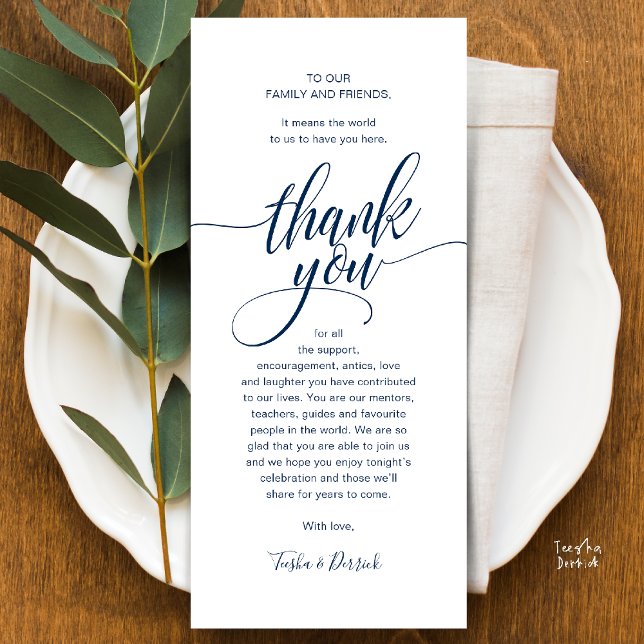Modern Script Wedding Guest Dinner Thank You Programme (Modern Script Wedding Guest Dinner Reception Brunch Lunch Thank You Card in Classy Navy Blue)