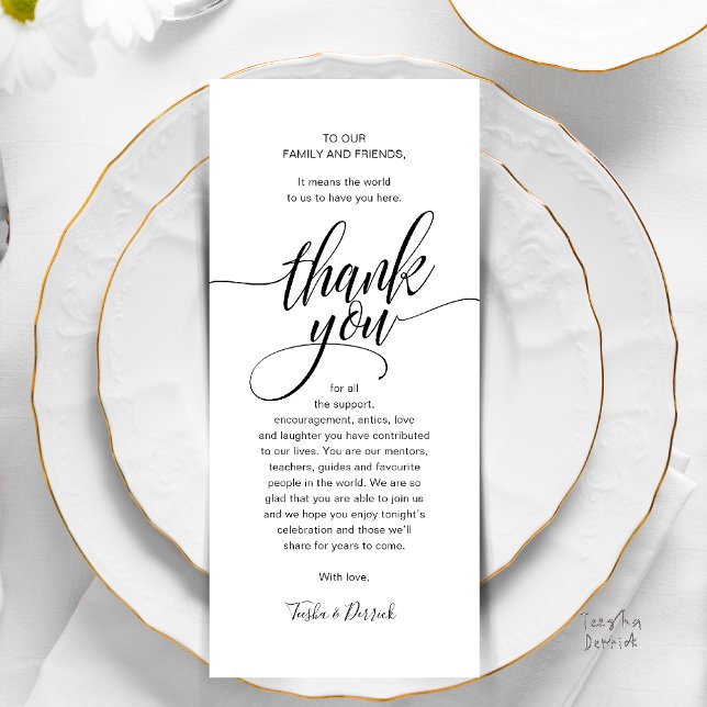 Modern Script Wedding Guest Dinner Thank You Programme (Modern Script Wedding Guest Dinner Reception Brunch Lunch Thank You Card in Black and White)