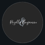 Modern script wedding minimal  classic round stick classic round sticker<br><div class="desc">Elegant Modern script wedding minimal Classic Round Sticker template 2-sided card featuring modern calligraphy text. This script and the dark base gives a simple and minimalistic look & feels. The names are customisable. Visit my store to see more wedding stuff for this design!</div>