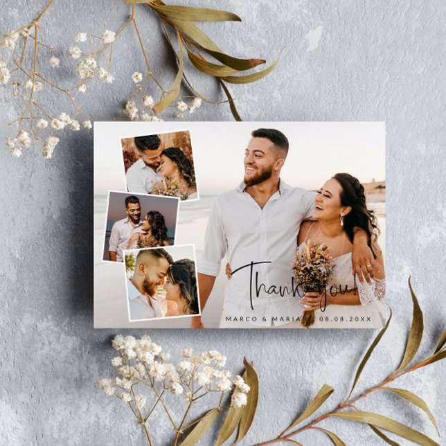 Modern Script Wedding Photo Collage Thank You Card (Creator Uploaded)