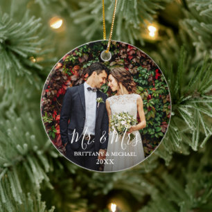 Modern Script Wedding Photo Mr. & Mrs. Round Ceramic Tree Decoration