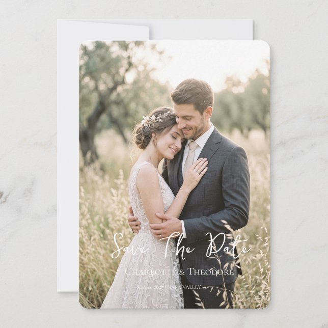 Modern Script Wedding Photo Save the Date Invitation (Front)