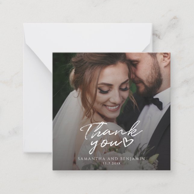 Modern Script Wedding Photo Thank You Card (Front)