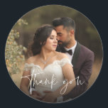 Modern Script Wedding Photo Thank You Favour Classic Round Sticker<br><div class="desc">Customise these wedding favour thank you stickers with your favourite photograph. If your photo needs to be adjusted after it's uploaded -  contact me. I'd be happy to help.</div>