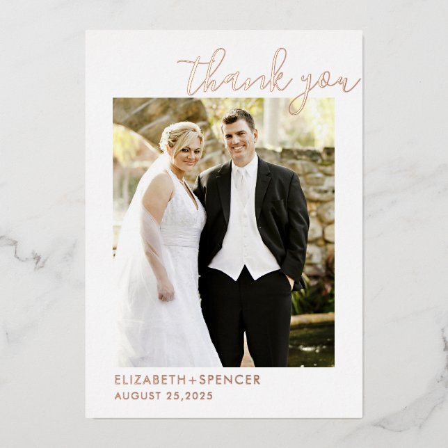 Modern Script Wedding Photo Thank You Rose Gold (Front)