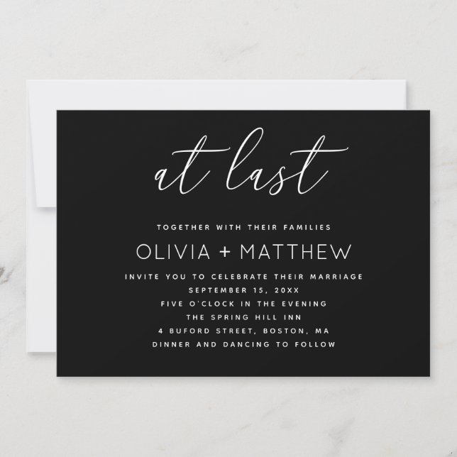 Modern Script Wedding + QR Code | Black Minimalist Invitation (Front)