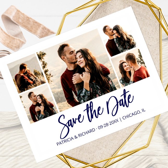 Modern Script Wedding Save The Date Photo Collage Postcard (Creator Uploaded)
